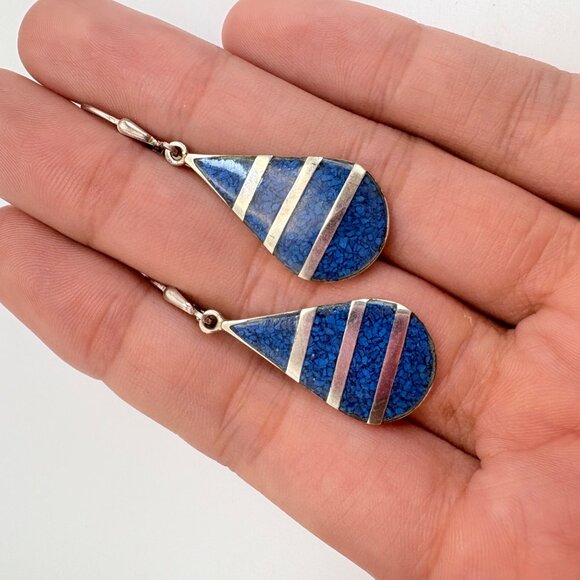 VTG Sterling Silver 925 Lapis Lazuli Teardrop Dangle Earrings Size 1.75" Length - Picture 7 of 9